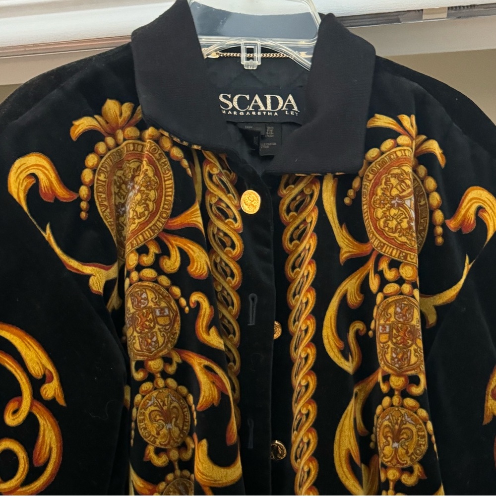 1980s Escada Scrollwork and Coin Printed Cotton Velvet Bomber Jacket
